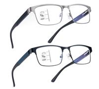 Missfive 2 Pack Refined varifocal Reading Glasses Men Blue Light Blocking Progressive Multifocal Reading Glasses, Metal Frame with Spring Hinge (Black+Gunmetal, 2.25)