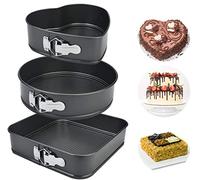 MissFox Set of 3 Cake Tin Set, Non-Stick Springform Cake Tins, Quick Release Cheesecake Tin with Removable Bottom, Heart/Round/Square (8"/9"/10"), Black