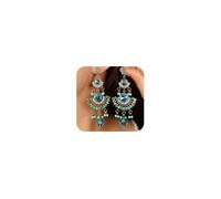 Missgrace Boho Indian Dainty Rhinestone Dangle Teardrop Long Earrings for Women Vintage Retro Chandelier Earrings Beaded Crystal Jhumka Jhumki Tassel Studs Traditional Green Red Black Earrings for