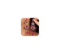 Missgrace Boho Indian Dainty Rhinestone Dangle Teardrop Long Earrings for Women Vintage Retro Chandelier Earrings Beaded Crystal Jhumka Jhumki Tassel Studs Traditional Green Red Black Earrings for