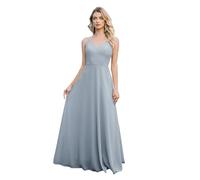 MisShow Women's Elegant Chiffon A line Lace Sleeveless V Neck Spaghetti Straps Floor Length Bridesmaid Dress Dusty Blue M