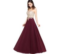 MisShow Women's Elegant Evening Dress Chiffon A line Lace Sleeveless Round Neck Appliques Floor Length Bridesmaid Dress Burgundy 14