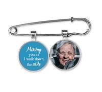 Missing you as I walk down the aisle-Personalised Wedding Bouquet Photo Bridal Charm with Lapel Pin Bride Remembering Dad Mum Nanny Grandad Boutonniere Custom Memory Memorial Keepsake (Blue)