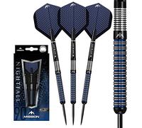 Mission Darts #_D1555 Nightfall | 27g Premium 90% Tungsten Straight Ring Barrel Dart Set with Steel Tips including 3 Flights, 3 Mission Shafts with S-Lock Rings and Point Protector, M1, Black/Blue