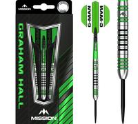 Mission Darts Graham Hall 90% Tungsten Barrel Steel Tip Premium Player Dart Set, Black and Green, Shafts and Flights, 22g (D1635)