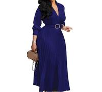 Missionary Women's 2026 New Fashionable Lapel Long Sleeved High Waisted Temperament Pleated Solid Color Dress(Dark Blue,XXL)
