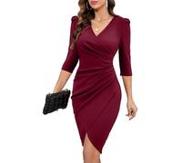 MISSJOY Fall Wedding Guest Dresses for Women Wrap V Neck Puff 3/4 Sleeve Slit Ruched Office Party Dress Elegant Midi Bodycon Bridemaids Christmas Date Night Evening Out Cocktail Dress Wine Red Medium