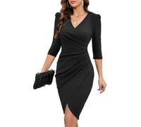 MISSJOY Plus Size Dresses for Women 2024 Puff 3/4 Sleeve Deep V Neck Ruched Bodycon Midi Work Office Pencil Dress Faux Wrap Graduation Prom Formal Cocktail Party Wedding Guest Dress Black X-Large
