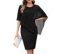 MISSJOY Womens Elegant Chiffon Cape Overlay Crew Neck Dress Black X-Large