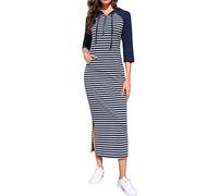 MISSKY Women Casual Pocket Quarter-Zip Neck 3/4 Sleeve Slim Split Pullover Hoodie Maxi Dress, Dark Blue Gray Stripe-front Pocket-3/4 Sleeve, XXL