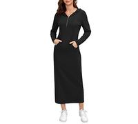 MISSKY Women's Clothing Casual Pocket Quarter-Zip Neck 3/4 Sleeve Slim Split Pullover Hoodie Maxi Dress, Black-front Pocket-long Sleeve, S