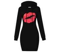 MISSKY Women's Pullover Hooded Kangaroo Pocket Sweatshirt Casual Hoodie Dress, Redlip&black/Long Sleeve, XL