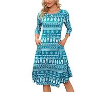MISSKY Women's Pullover Pocket Loose Swing Casual Dress, Dark Green - Snowflakes, Large
