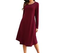 MISSKY Women's Pullover Pocket Loose Swing Casual Dress, Wine-long Sleeve, L