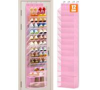 MISSLO 12 Tier Over the Door Shoe Organizer Breathable Mesh Hanging Shoe Rack for Closet Storage Shoe Holder for Door Fit 24 Pairs Sandals, Heels, Boots (Pink)