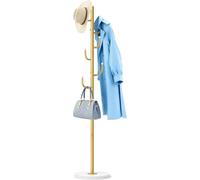 MISSLO Heavy Duty Coat Rack Freestanding 4 Adjustable Size Coat Tree with Stable Wood Base Coat Hanger Stand with 6 Hooks Standing Clothes Tree for Bedroom, Gold