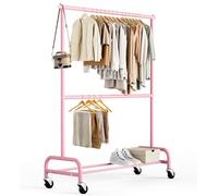 MISSLO Kids Clothes Rail Heavy Duty Dress Up Clothes Rack for Little Girls Double Hanging Rails for Clothes Rolling Garment rail on Wheels, Pink