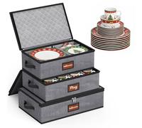 MISSLO Large Capacity Plate Storage Organiser Hard Shell China Storage Containers, Kitchen Packing Moving Boxes for Dishes, Dinnerwares, Crockery, Mugs Case Protector, Grey, 3 Piece Set
