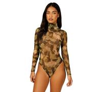 Missloved Women's Camo Mesh Bodysuit - Long Sleeve, Stretchy See-Through Fabric, Turtle Neck, UK Sizes 8-14 (12)