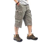 MISSMAO Mens Cargo Shorts Casual 3/4 Length Baggy Combat Trousers with Multi Pockets Hiking Shorts Three Quarter Walking Shorts A-Army Green2 32