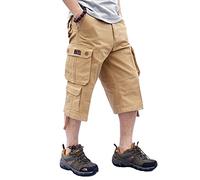 MISSMAO Mens Cargo Shorts Casual 3/4 Length Baggy Combat Trousers with Multi Pockets Hiking Shorts Three Quarter Walking Shorts A-Khaki 36