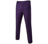 MISSMAO Mens Trousers Formal Casual Business Office Work Home Belted Smart Dress Straight Leg Flat Front Everpress Pockets Pants Purple S