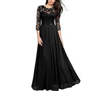 MISSMAO Women's Elegant Round Neck Lace A Line Empire Waist with 3/4 Sleeve Long Chiffon Bridesmaid Dresses Formal Evening Party Dress Prom Dresses