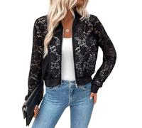 MISSMAO Women's Lace Sheer Long Sleeve Jackets Full Zip Lightweight Cropped Bomber Jacket Casual Outwear Coats Crop Top Spring Coats,Black,M