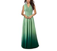 MISSMAO Women's V Neck Floor Length A Line Empire Waist Long Evening Dresses Gradient Color Pleated Wedding Bridesmaid Long Dress Evening Party Maxi Prom Gown,Grey Green,L