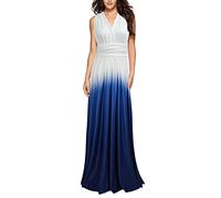 MISSMAO Women's V Neck Floor Length A Line Empire Waist Long Evening Dresses Gradient Color Pleated Wedding Bridesmaid Long Dress Evening Party Maxi Prom Gown,White,XL