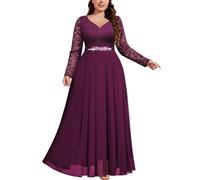 MISSMAY Plus Size Floral Lace Contrast Chiffon Lantern Long Sleeves Rhinestone Waist Closing Formal Banquet Maxi Dress (2XL, Maroon)
