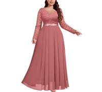 MISSMAY Plus Size Floral Lace Contrast Chiffon Lantern Long Sleeves Rhinestone Waist Closing Formal Banquet Maxi Dress (2XL, Dusty Pink)