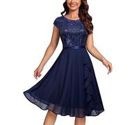 MISSMAY Women's Elegant Glitter Sequins Ruffles Trim Wedding Guest Cocktail Party Fit and Flared Swing Dress (X-Large, Navy Blue)
