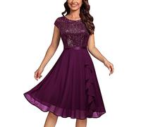 MISSMAY Women's Elegant Glitter Sequins Ruffles Trim Wedding Guest Cocktail Party Fit and Flared Swing Dress (X-Large, Magenta)