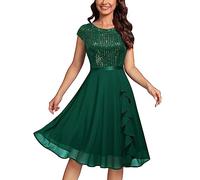 MISSMAY Women's Elegant Glitter Sequins Ruffles Trim Wedding Guest Cocktail Party Fit and Flared Swing Dress (X-Large, Dark Green)
