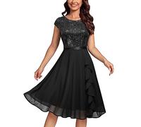 MISSMAY Women's Elegant Glitter Sequins Ruffles Trim Wedding Guest Cocktail Party Fit and Flared Swing Dress (Small, Black)