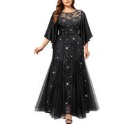 MISSMAY Women's Plus Size Elegant Butterfly Sleeve Chiffon Floral Sequin Lace Contrast Mesh Mermaid Hem Evening Party Long Dress (3XL, Black)