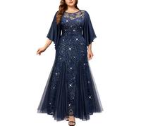 MISSMAY Women's Plus Size Elegant Butterfly Sleeve Chiffon Floral Sequin Lace Contrast Mesh Mermaid Hem Evening Party Long Dress (0XL, Navy Blue)