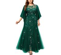 MISSMAY Women's Plus Size Elegant Butterfly Sleeve Chiffon Floral Sequin Lace Contrast Mesh Mermaid Hem Evening Party Long Dress (4XL, Dark Green)