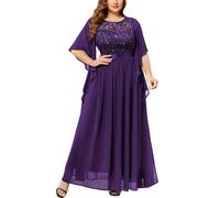 MISSMAY Women's Plus Size Elegant Butterfly Sleeve Chiffon Sequin Lace Bodice Evening Party Long Dress (1XL, Purple)