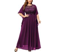 MISSMAY Women's Plus Size Elegant Butterfly Sleeve Chiffon Sequin Lace Bodice Evening Party Long Dress (3XL, Maroon)