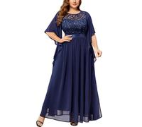 MISSMAY Women's Plus Size Elegant Butterfly Sleeve Chiffon Sequin Lace Bodice Evening Party Long Dress (1XL, Navy Blue)