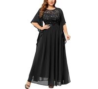 MISSMAY Women's Plus Size Elegant Butterfly Sleeve Chiffon Sequin Lace Bodice Evening Party Long Dress (3XL, Black)