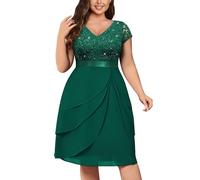 MISSMAY Women's Plus Size Elegant Sequin Lace V Neck Ruffle Trim Chiffon Hem Cocktail Party Swing Dress (3XL, Dark Green)