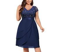 MISSMAY Women's Plus Size Elegant Sequin Lace V Neck Ruffle Trim Chiffon Hem Cocktail Party Swing Dress (2XL, Navy Blue)