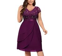 MISSMAY Women's Plus Size Elegant Sequin Lace V Neck Ruffle Trim Chiffon Hem Cocktail Party Swing Dress (1XL, Maroon)