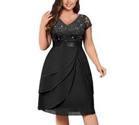 MISSMAY Women's Plus Size Elegant Sequin Lace V Neck Ruffle Trim Chiffon Hem Cocktail Party Swing Dress (3XL, Black)