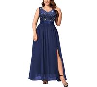 MISSMAY Women's Plus Size Elegant Sweetheart Neck Sleeveless Chiffon Sequin Lace Bodice Evening Party Long Dress (3XL, Navy Blue)