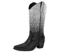 MISSMILLER Womens Diamante Diamante Mid-Calf Pointed Toe Sparkly Block Heel Cowgirl Boots with Pull Tabs, Black and silver, 5 UK