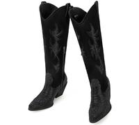 MISSMILLER Women's Embroidered Wide Calf Western Cowgirl High Knee Boots Pull On Pointed Toe Cowboy Tall Boots for Ladies, Black&rhinestone, 6 UK